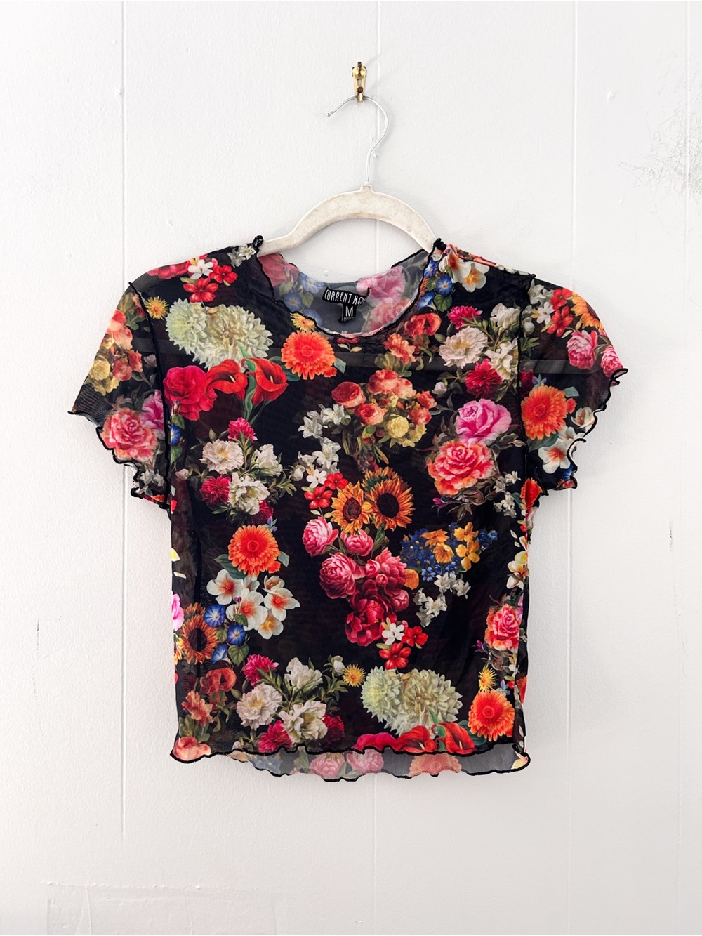 Current Mood Dolls Kill Runaway Dreams Floral Mesh Baby Tee Size M
